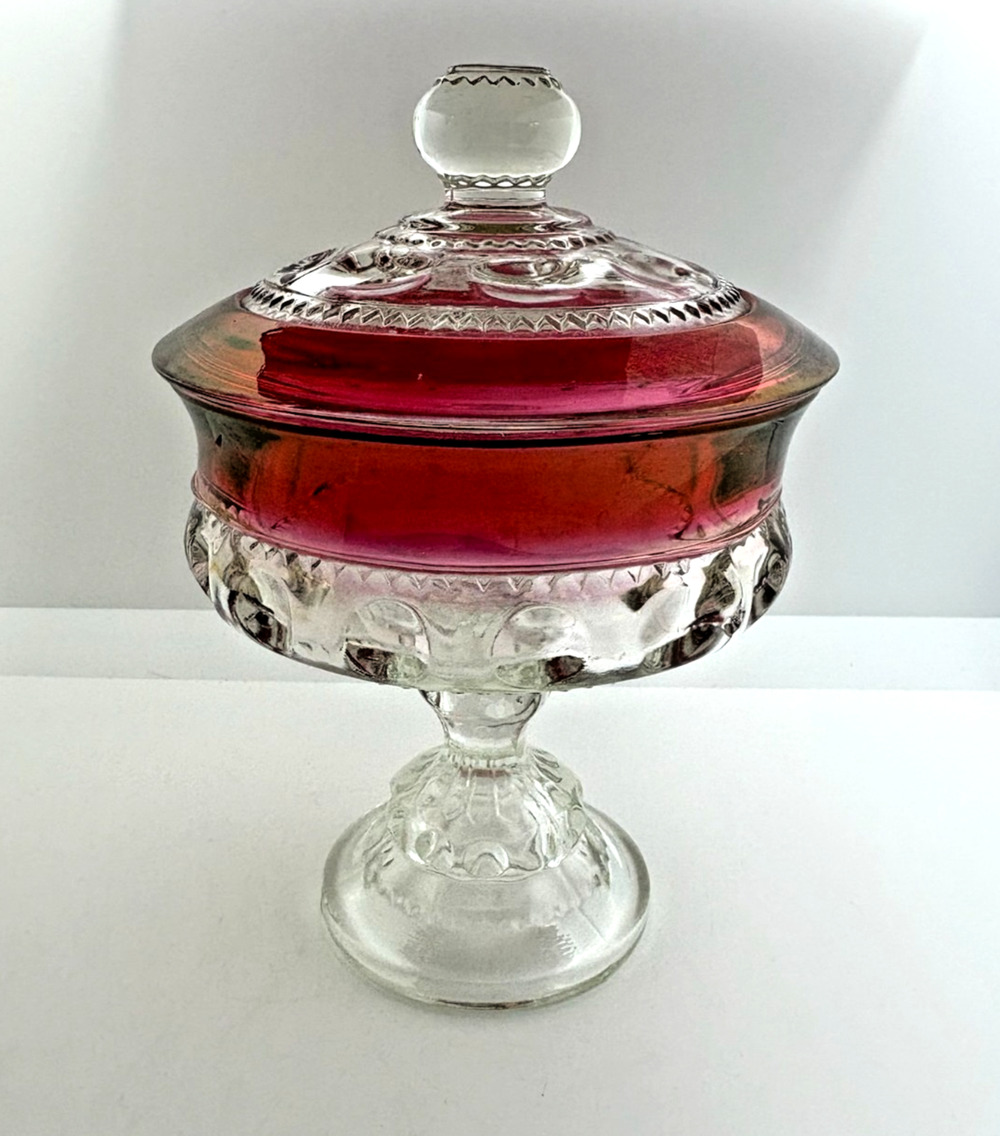 VINTAGE KINGS CROWN RUBY RED THUMBPRINT COMPOTE GLASS CANDY DISH WITH LID